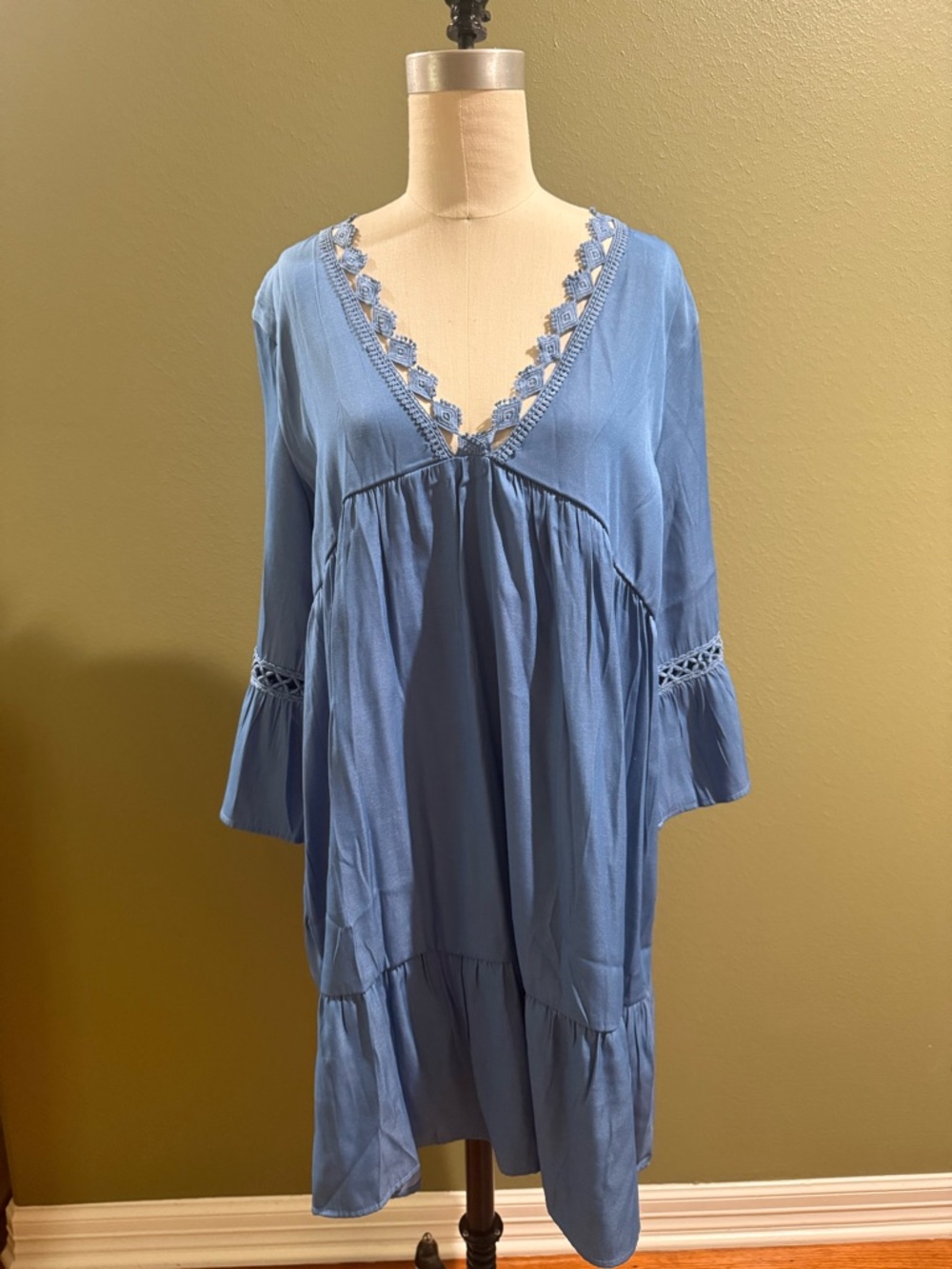 Sky Blue V-Neck Crochet Trim Tunic